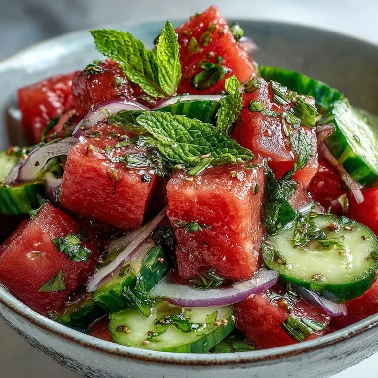 Juicy Summer Watermelon Cucumber Mint Salad tossed with crisp veggies and fresh herbs, perfect for a refreshing side dish on a hot day.