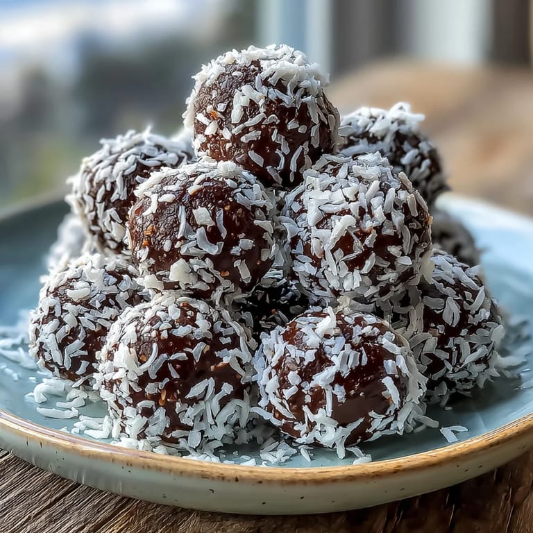 Decadent Vegan Chocolate Avocado Truffles with Coconut on a wooden board with fresh fruit.