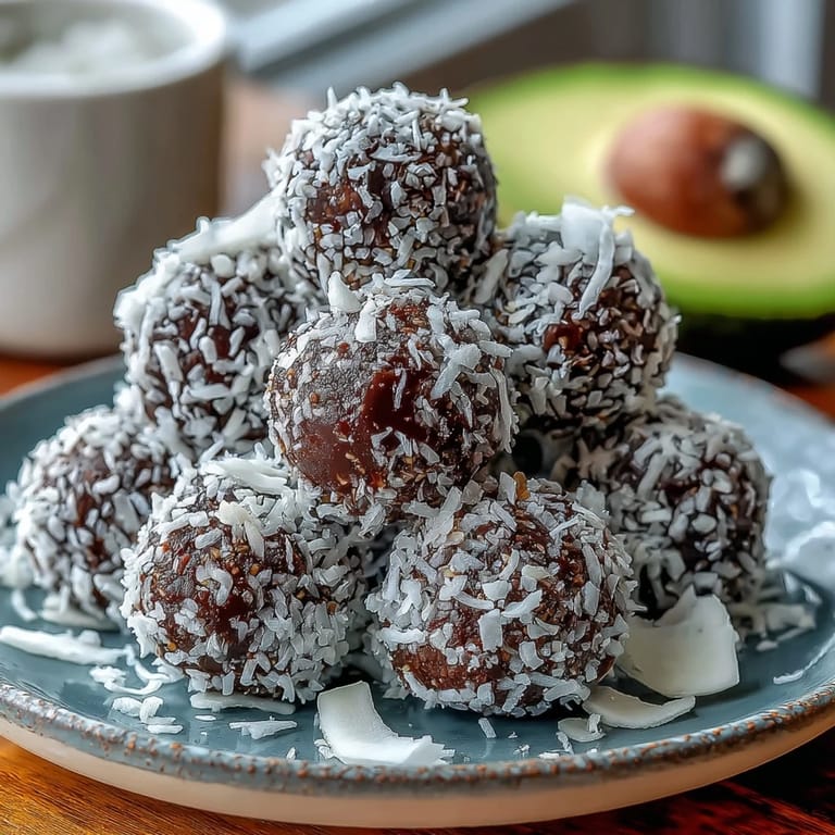 Close-up of Vegan Chocolate Avocado Truffles with Coconut, showing a creamy, fudgy texture.