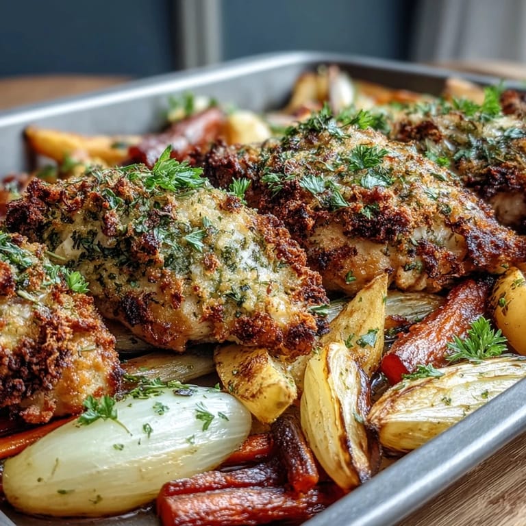 Fragrant rosemary and thyme top juicy chicken breasts paired with caramelized root vegetables.