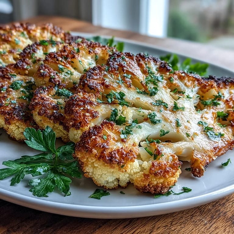 Keto Garlic Parmesan Roasted Cauliflower Steaks served as a hearty main dish topped with a fried egg.