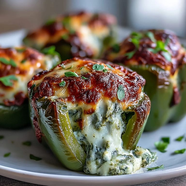 Freshly baked mini sweet peppers loaded with savory pesto chicken and cream cheese, garnished with basil for an elegant party bite.