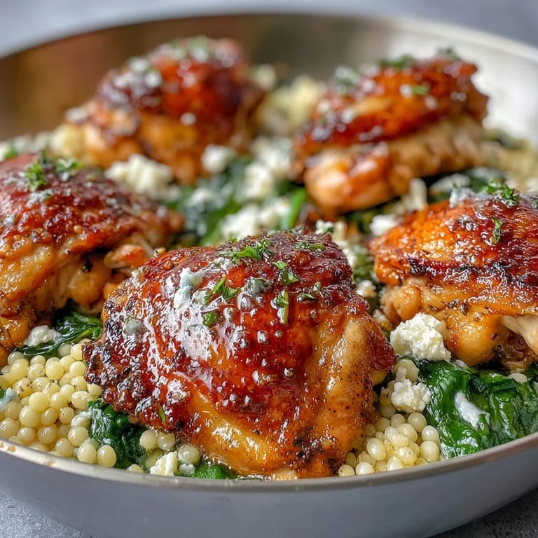 Golden-baked chicken rests on creamy couscous, spinach, and feta in this Greek-inspired dish.