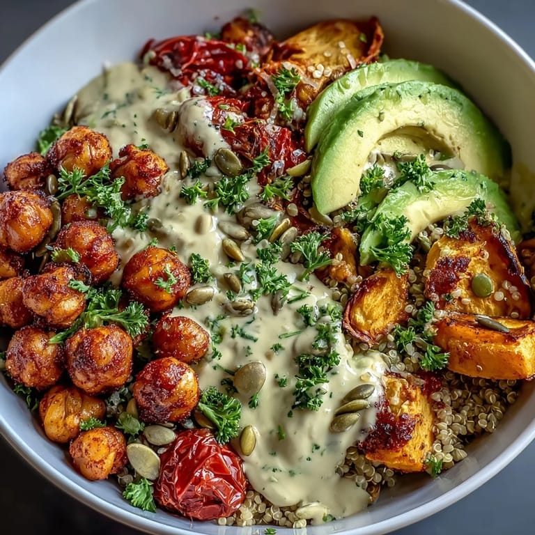 Colorful bowl of spiced chickpeas, quinoa, and roasted veggies topped with avocado and fresh herbs for a nourishing meal.