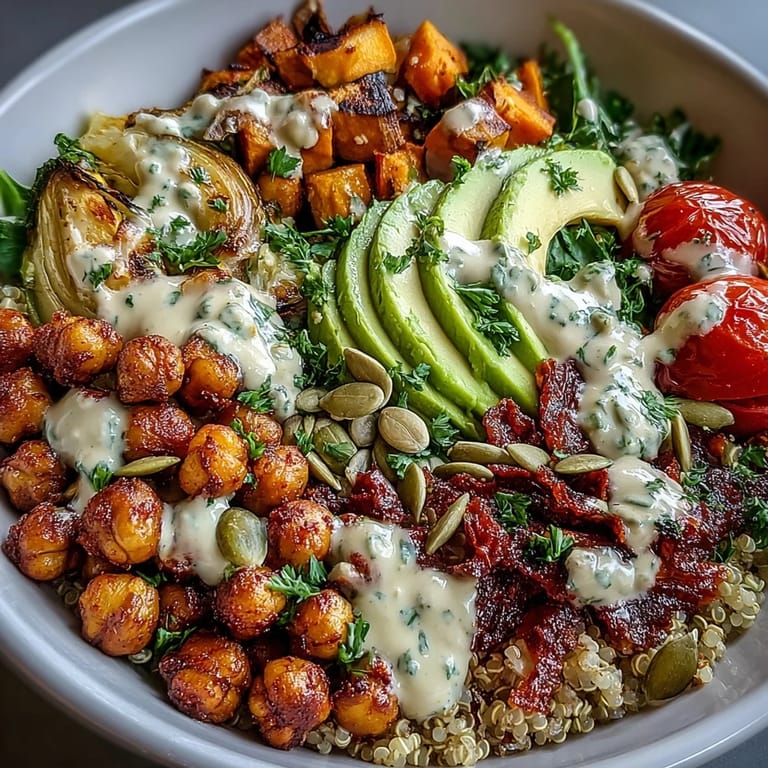 Protein-packed chickpea power bowl featuring crispy chickpeas, sweet potatoes, and a zesty lemon tahini drizzle for a satisfying dinner.