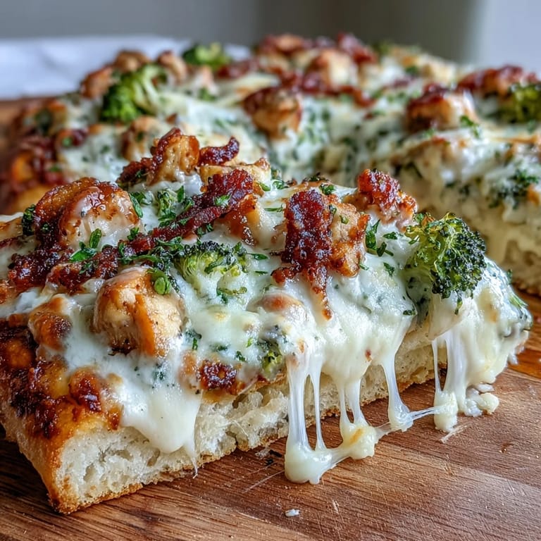 Homemade pizza loaded with savory garlic-Parmesan white sauce, juicy chicken, and crisp broccoli for a flavorful twist.