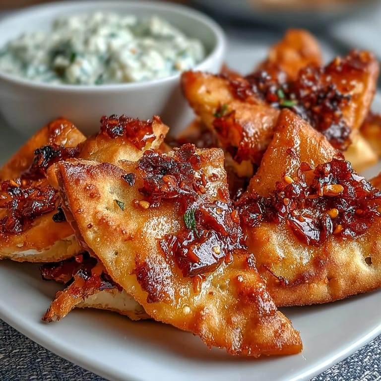 Fragrant garlic naan triangles brushed with chili crisp butter, baked to crunchy perfection, paired with a refreshing cucumber yogurt dip.  