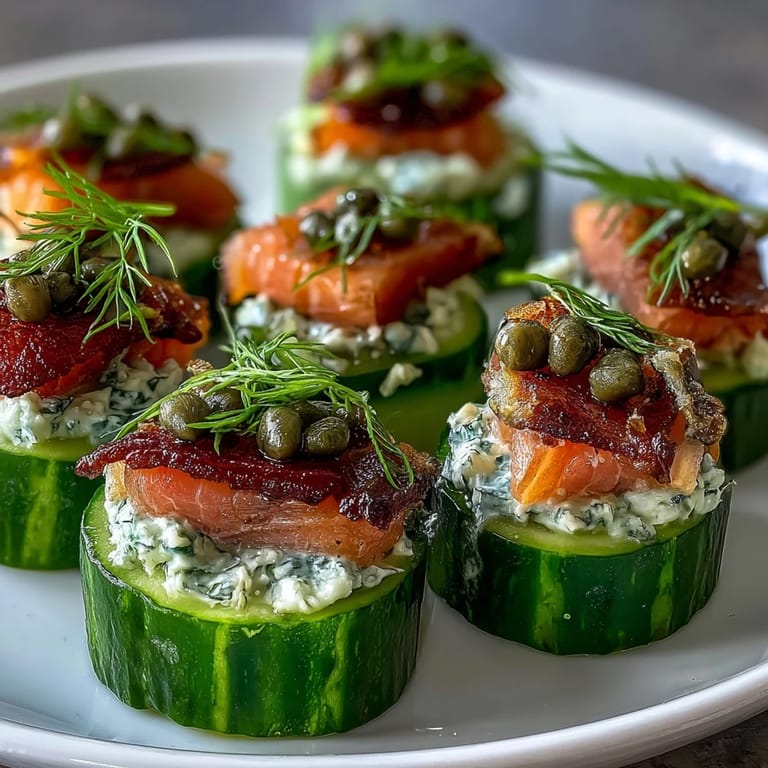 Creamy low-carb cucumber bites topped with rich smoked salmon and tangy cream cheese, garnished with fresh herbs for a light appetizer.