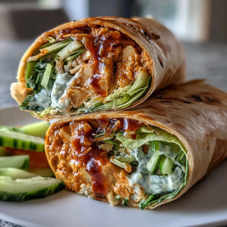 Hearty buffalo chickpea salad with crisp lettuce, cucumber, and avocado, served in a warm tortilla wrap.  