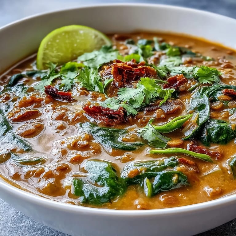 Rich and aromatic vegan lentil curry simmered with coconut milk, spinach, and spices, served with fluffy basmati rice and lime slices.  