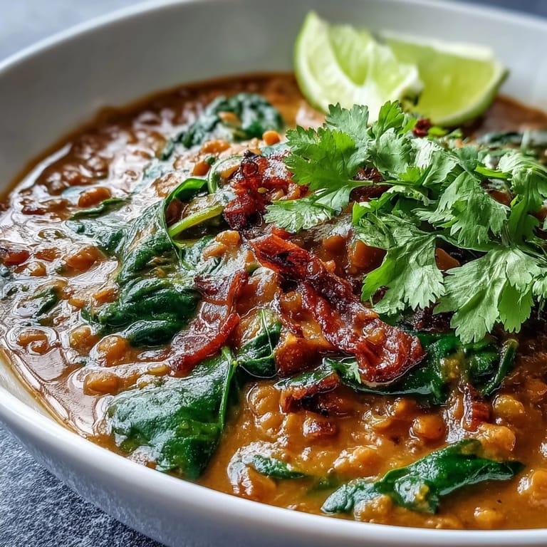 Hearty vegan coconut lentil dahl with vibrant spinach, fresh ginger, and lime, served in a deep bowl for a nourishing meal.