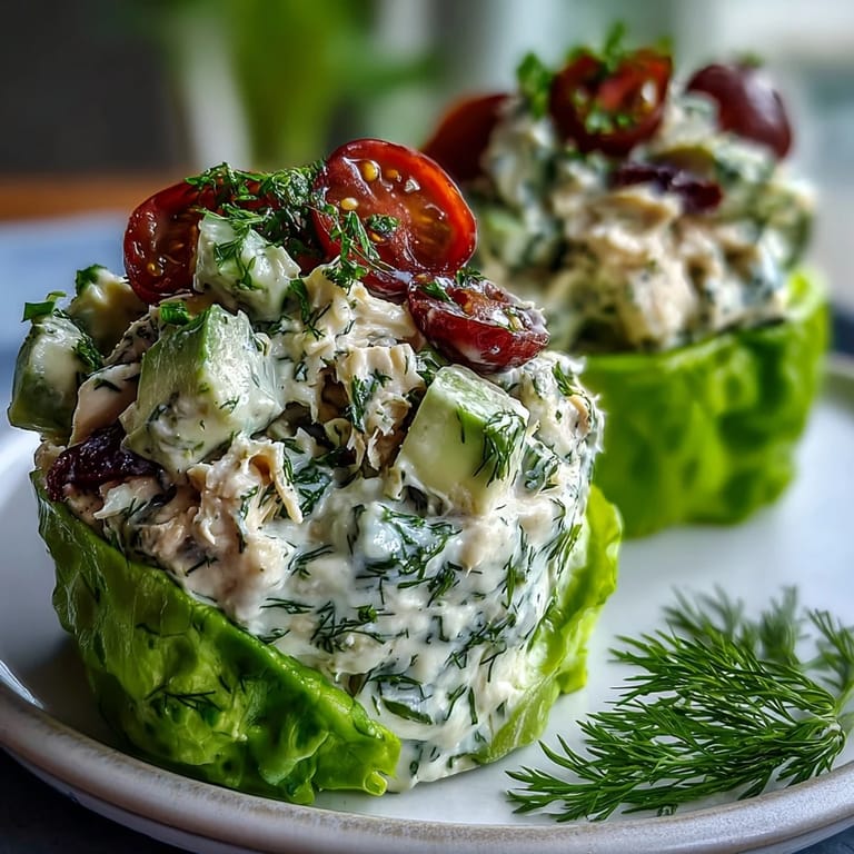 Creamy avocado and tender chicken tossed with fresh herbs, spooned into crunchy lettuce cups for a satisfying bite.
