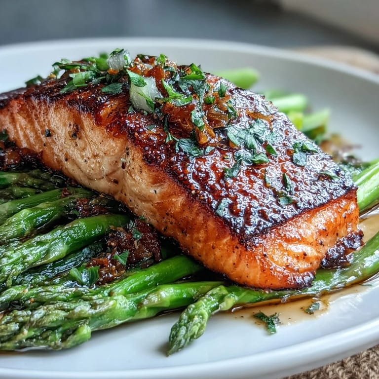 A close-up of perfectly cooked salmon with crackling skin is paired with lemon-scented asparagus, creating a low-carb meal that's both elegant and satisfying.