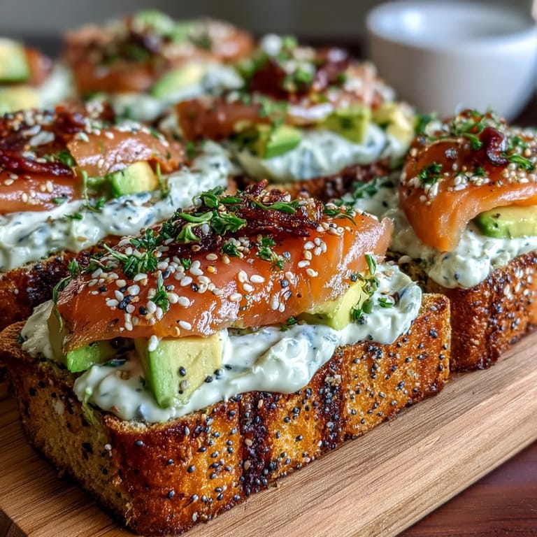 Fluffy keto bread slices layered with rich avocado mash, silky smoked salmon, and a crunchy everything seasoning blend.  