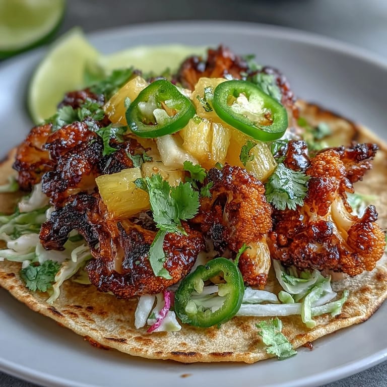 Close-up of vegan BBQ cauliflower tacos, garnished with red cabbage and fresh herbs, showcasing bold flavors and plant-based goodness.