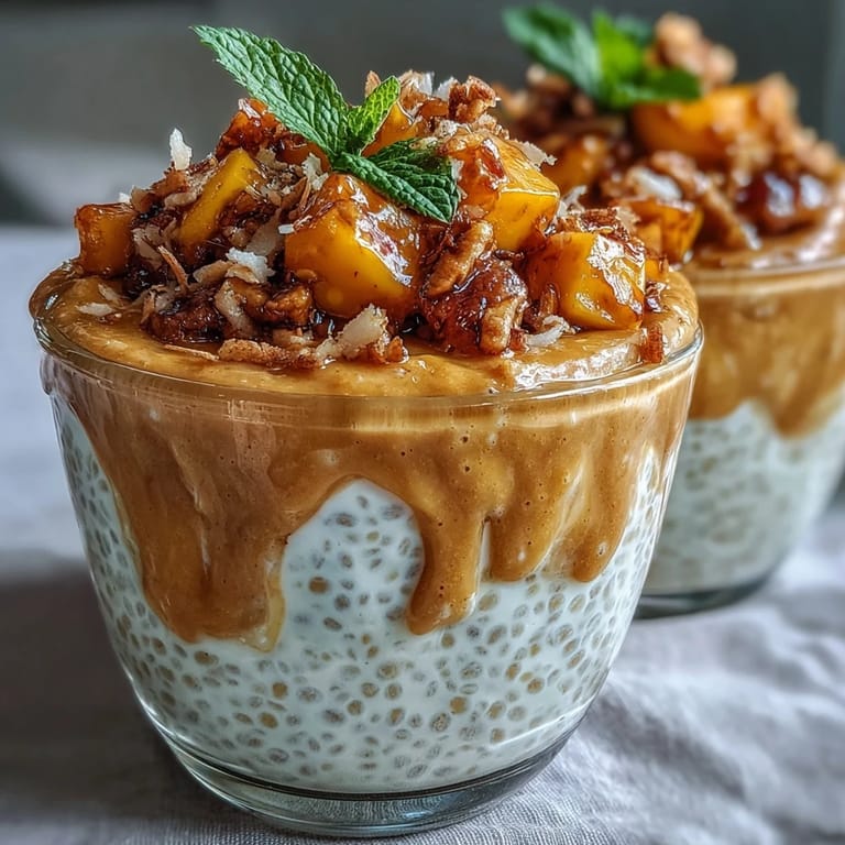 Refreshing vegan mango and coconut chia pudding cups, garnished with toasted coconut and fresh mango for a tropical twist.