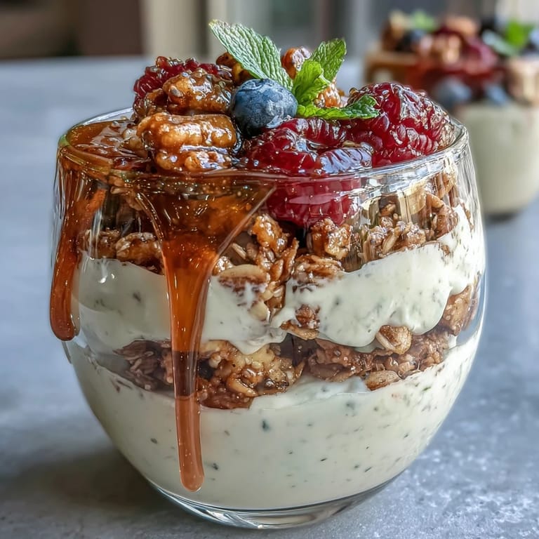 A luscious breakfast parfait with tangy yogurt, sweet-salty honey drizzle, and crisp granola, perfect for a refreshing morning treat.