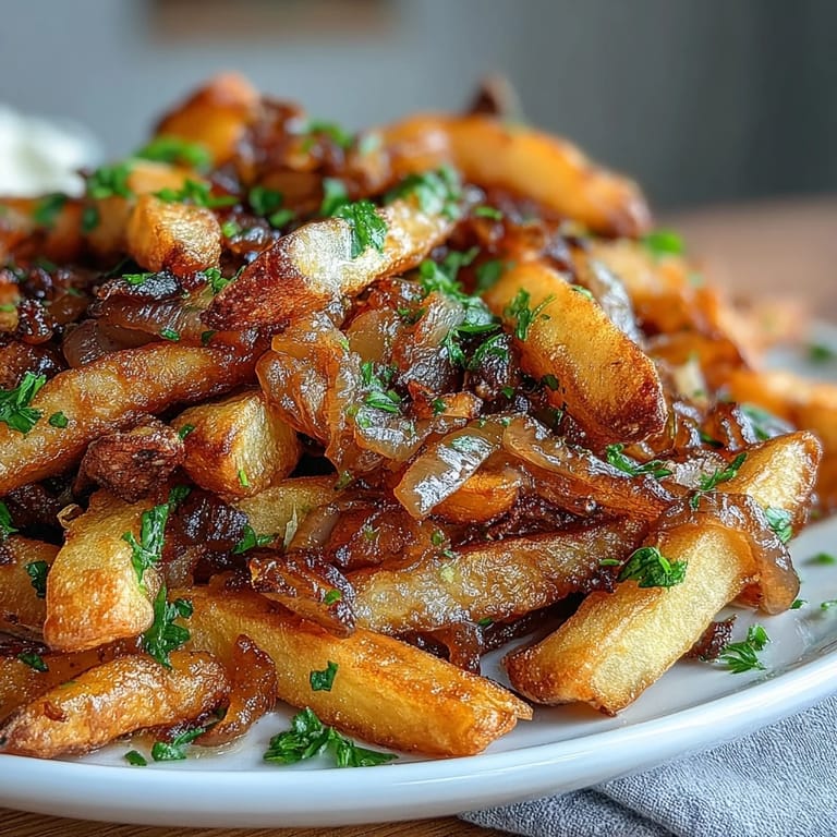 Savory steak fries infused with melted garlic butter and tender caramelized onions, garnished with fresh parsley for extra flavor.