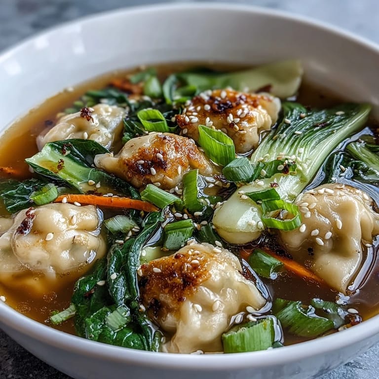 Fragrant bowl of Trader Joes Dumpling Soup loaded with savory dumplings, baby bok choy, and a hint of sesame oil.