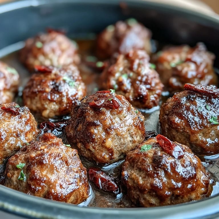 Savory crockpot meatballs simmered in au jus gravy mix, ranch seasoning, and sliced pepperoncini peppers.  