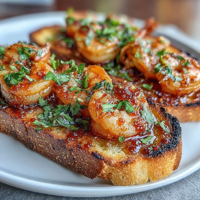 Crispy toasted bread topped with sautéed shrimp in fiery Calabrian chili oil, fresh parsley, and zesty lemon for a bold appetizer.