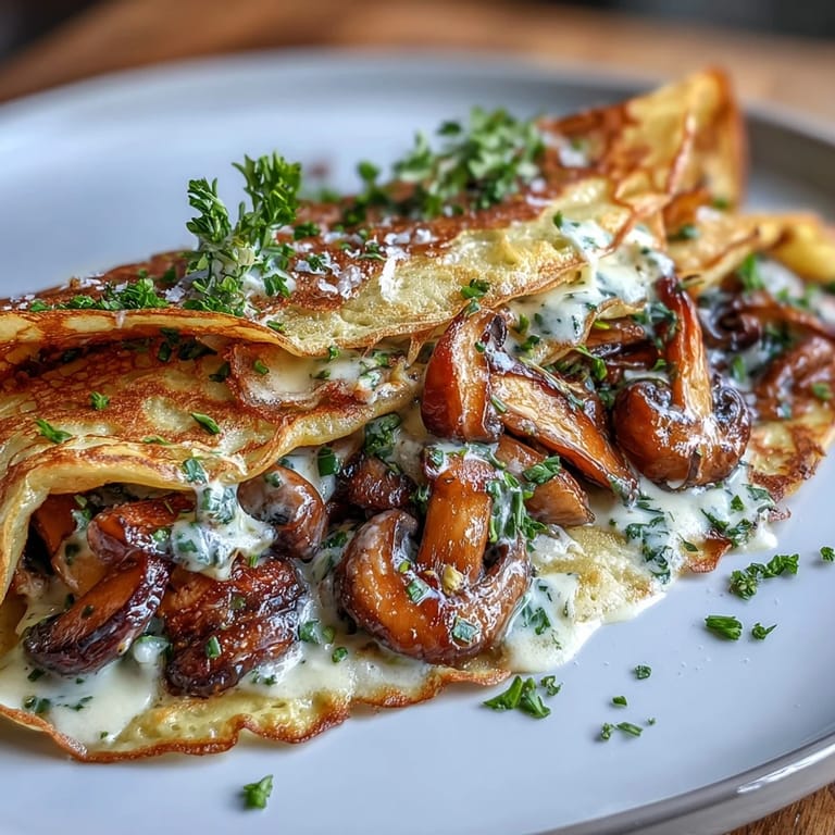Savory wild mushroom crepe filling made with sautéed mushrooms, garlic, and fresh herbs, ideal for elegant brunch or dinner.