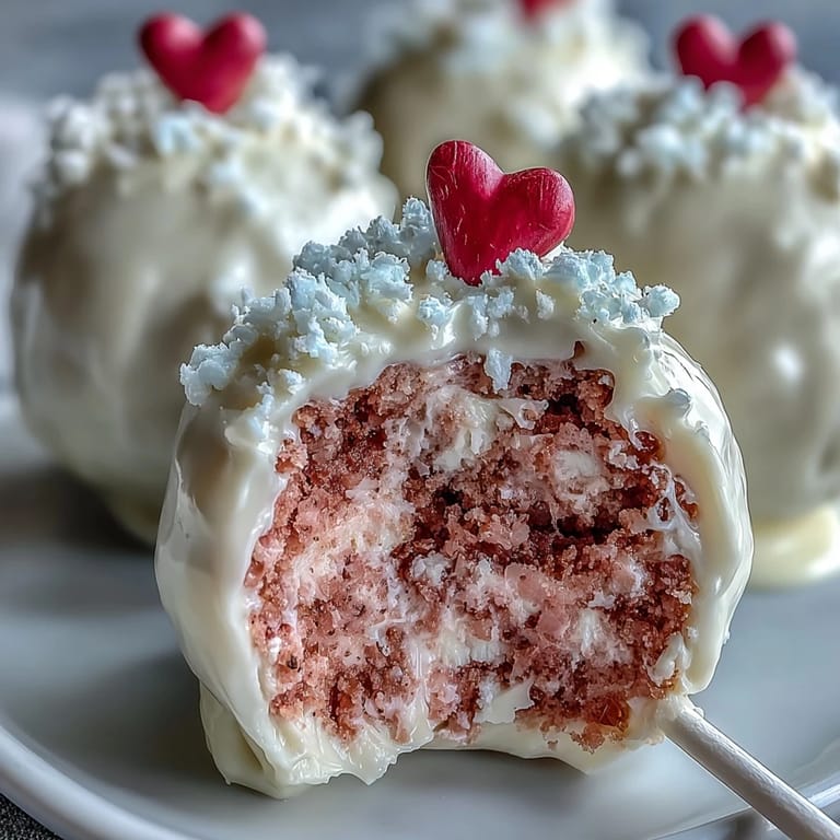 These Galentines cake pops feature rich pink velvet cake mixed with tangy cream cheese frosting, dipped in smooth white chocolate for a decadent treat.