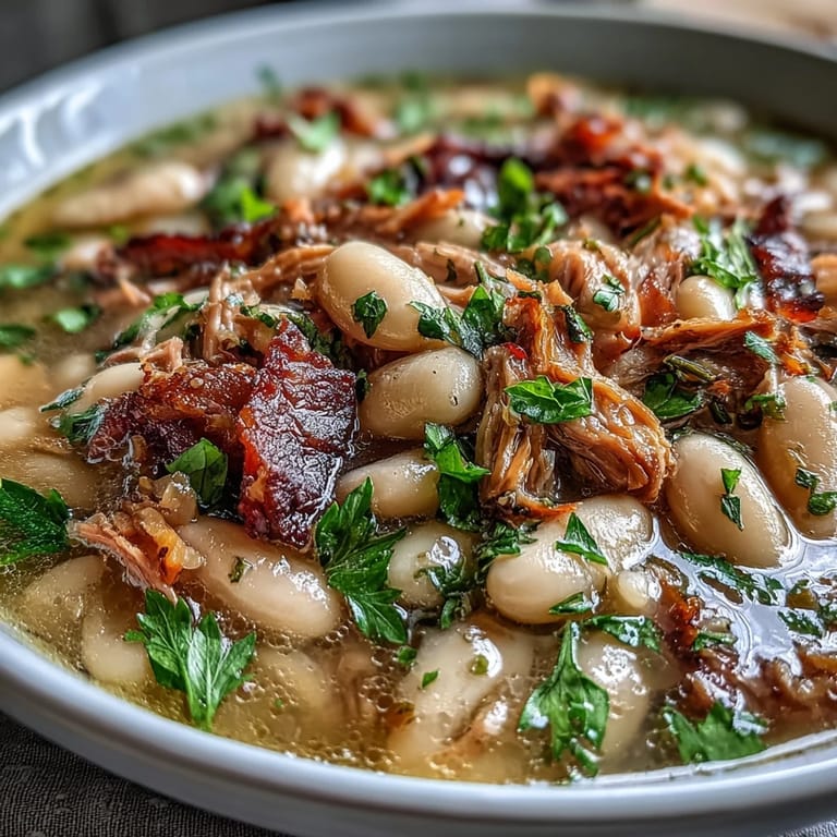 A bowl of creamy white bean soup featuring shredded ham hock, aromatic vegetables, and fresh parsley garnish.  