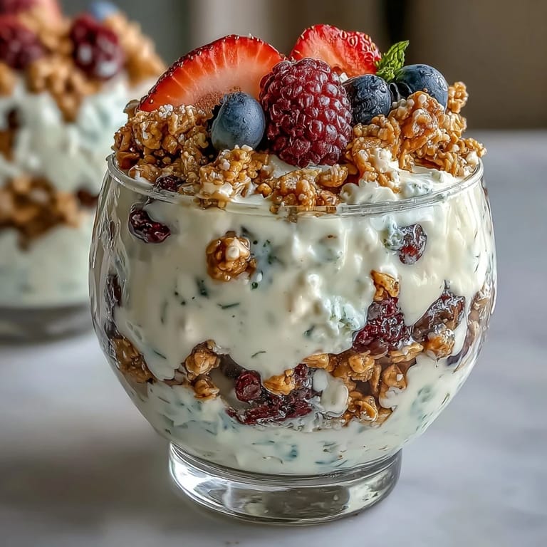 A colorful, protein-rich breakfast parfait featuring cottage cheese, juicy berries, and golden granola for a satisfying start.