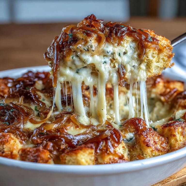 Comforting French Onion Chicken Bake with Melted Gruyere, featuring tender chicken nestled in rich, savory onion gravy and crowned with a golden cheese crust.