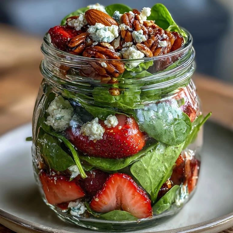 Mason jar layered salad featuring juicy strawberries, tender spinach leaves, toasted almonds, and tangy feta, topped with balsamic dressing for easy meal prep.