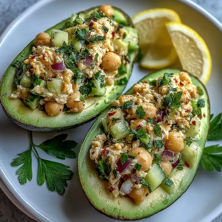 Vibrant avocados filled with zesty chickpea salad, topped with fresh parsley and lemon wedges.  