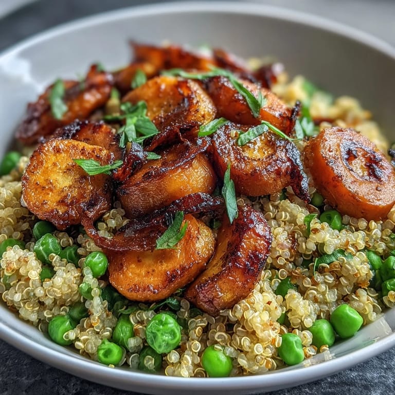 Nutty quinoa, sweet roasted carrots, and vibrant green peas come together in this wholesome, easy-to-make vegetarian bowl.  