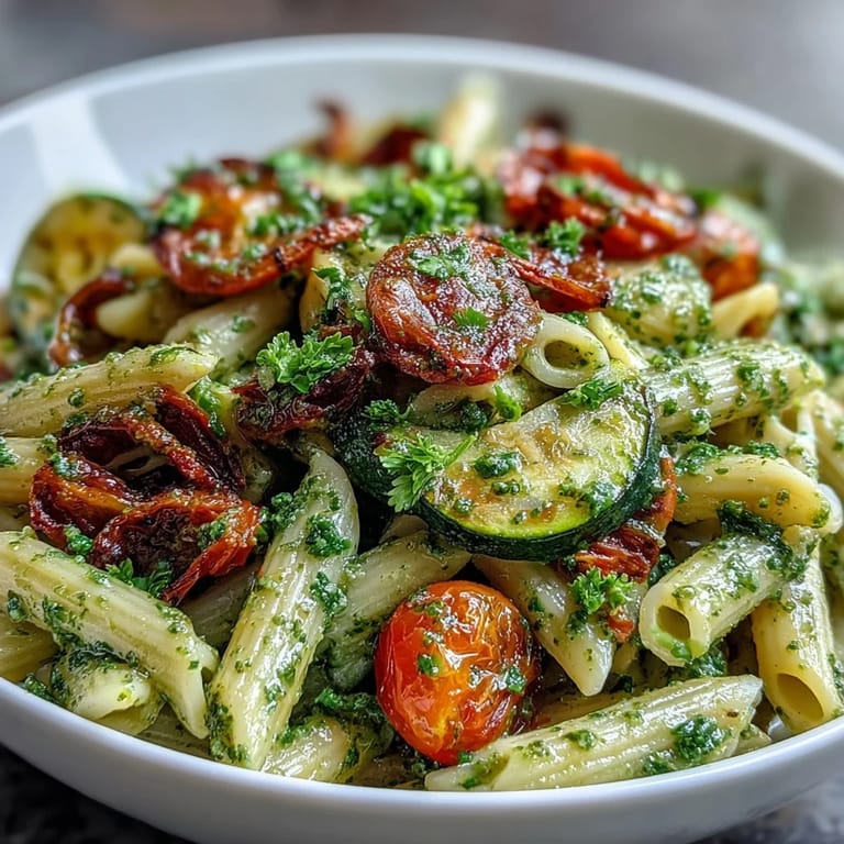 Vibrant penne pasta tossed with roasted zucchini, bell peppers, cherry tomatoes, and fragrant basil pesto for a satisfying vegetarian meal.