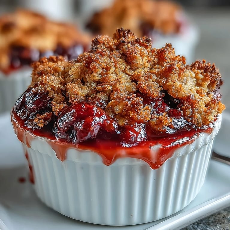 Rustic mixed berry crumble with crisp oat topping, baked until golden, served in individual ramekins for two.