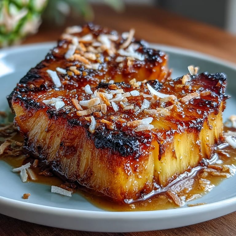 Golden pineapple wedges glazed with honey-lime, topped with crunchy toasted coconut for a tropical dessert.