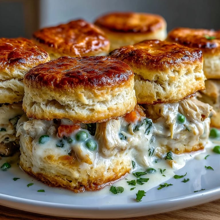 Fluffy buttermilk biscuit crust baked over tender chicken and peas in a savory cream sauce.  
