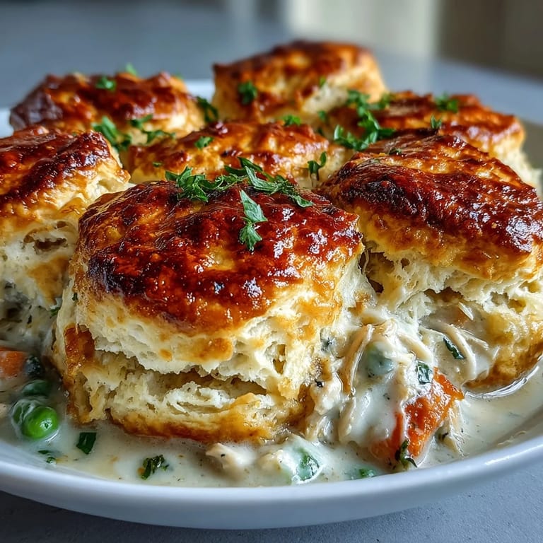 Classic American comfort food: golden biscuit-topped chicken pot pie with vegetables and creamy sauce.