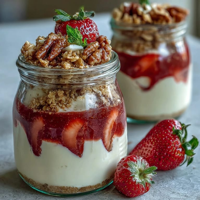 Two servings of strawberry cheesecake overnight oats with graham cracker topping, garnished with fresh strawberries and crushed graham crackers.