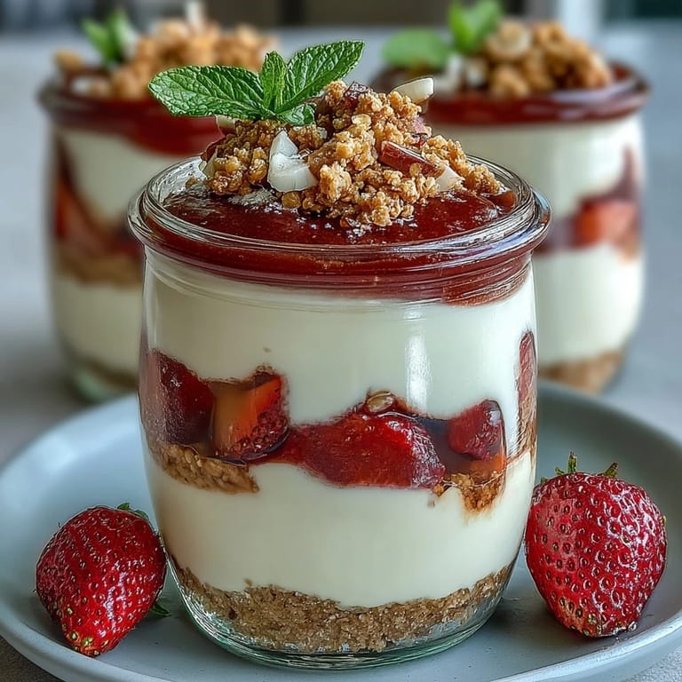 Close-up of strawberry cheesecake overnight oats with graham cracker topping, showcasing creamy oats, fresh berries, and golden graham cracker crumbles.
