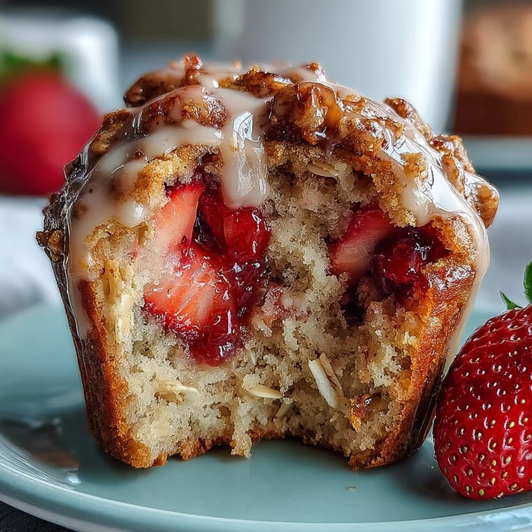 Moist muffins bursting with juicy strawberries and wholesome oats, topped with a light Greek yogurt crumb.  
