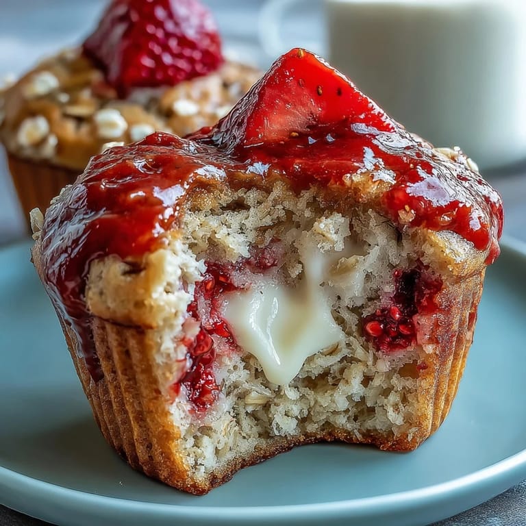 Warm strawberry muffins featuring fresh berries, creamy Greek yogurt, and oats—perfect for breakfast or snacking.
