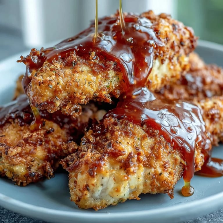 Crispy baked chicken thighs coated in seasoned flour, glazed with spicy-sweet hot honey and garnished with fresh herbs.