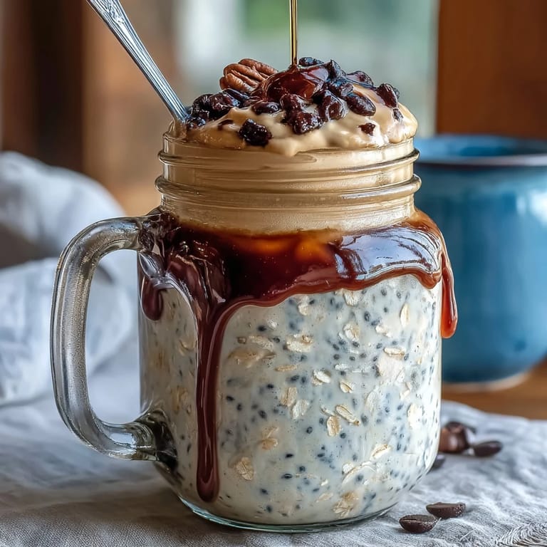 Creamy vanilla bean overnight oats with coffee swirl, topped with whipped cream and chocolate chips.