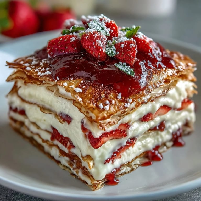 Layered strawberry crepe cake featuring tender crepes stacked with vanilla cream and juicy, macerated strawberries.