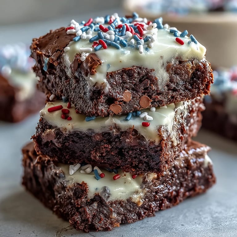 Rich, fudgy brownie bites topped with smooth vanilla frosting and patriotic sprinkles, ideal for Independence Day dessert tables.
