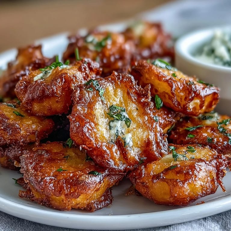 Delicate fried dandelion blossoms paired with a refreshing yogurt and herb sauce, perfect for spring gatherings.  