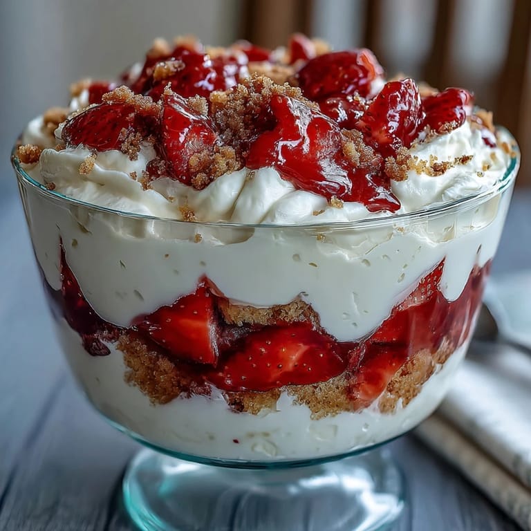 Elegant Mothers Day dessert trifle featuring golden shortcake cubes, ripe strawberries, and clouds of vanilla whipped cream in a glass bowl.