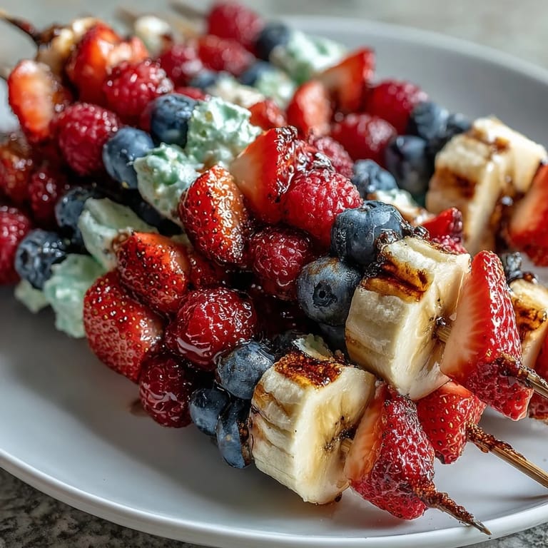 Colorful Fourth of July fruit skewers with ripe strawberries, creamy banana slices, and plump blueberries arranged for a festive display.