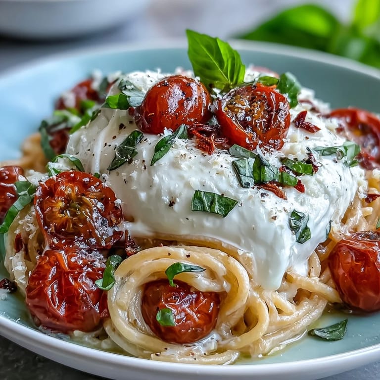 Creamy burrata melts over hot Caprese Pasta with cherry tomatoes and basil, creating a rich, silky sauce in this easy vegetarian dish.
